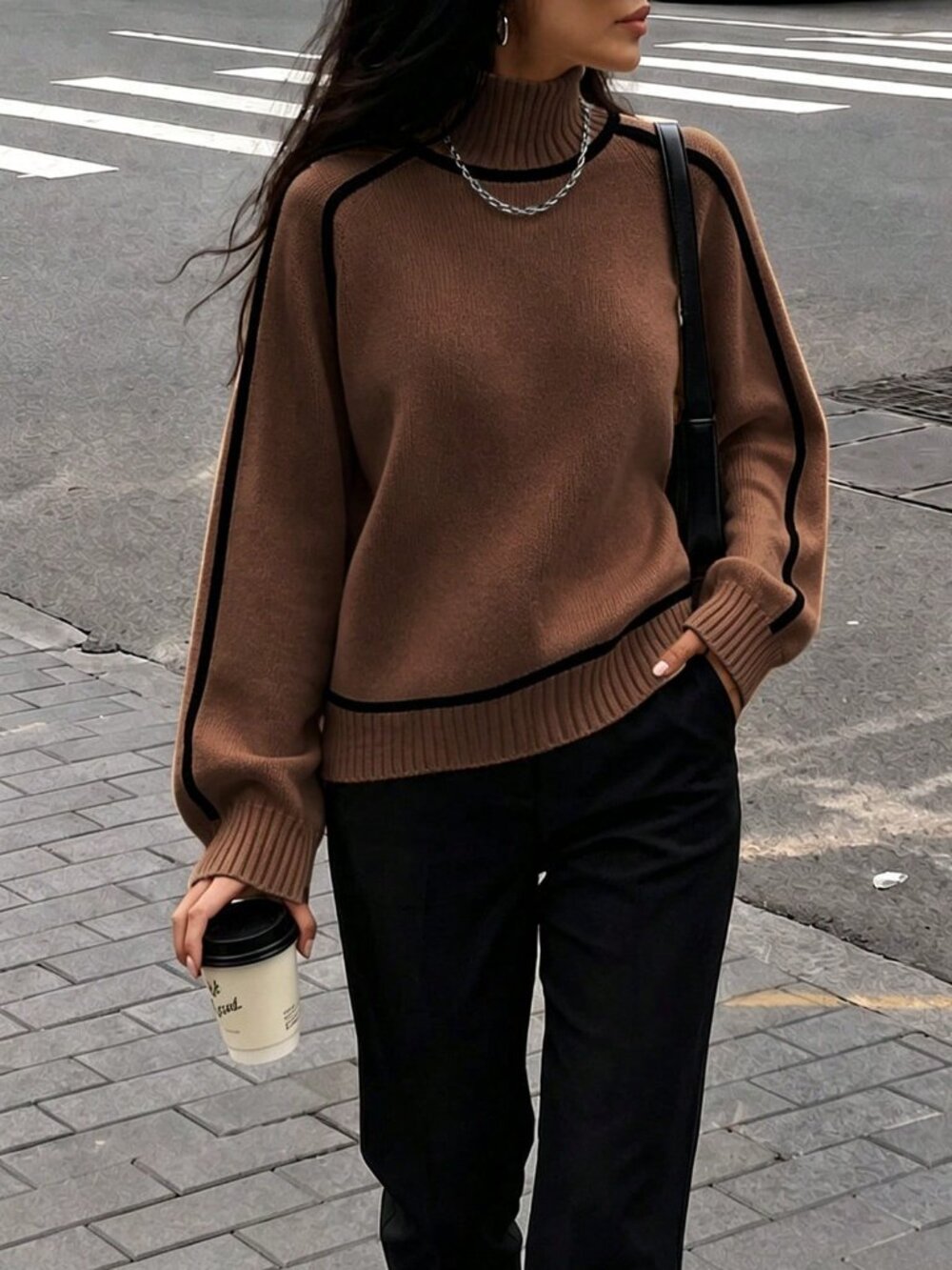 Coffee Brown Casual Women's Colorblock Pullover Sweater